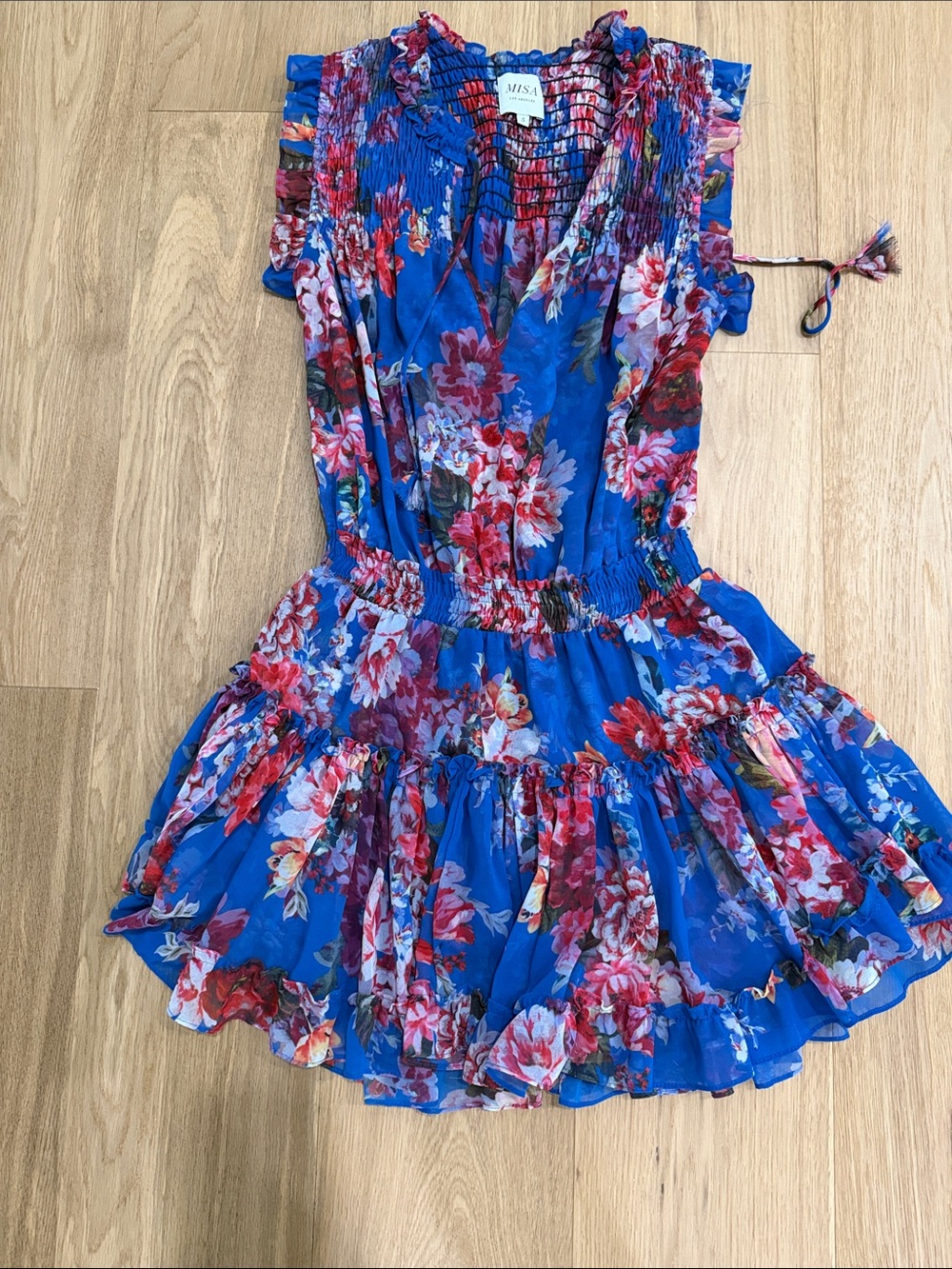 Misa Los Angeles Royal Blue Floral Ruffled Smocked Dress
